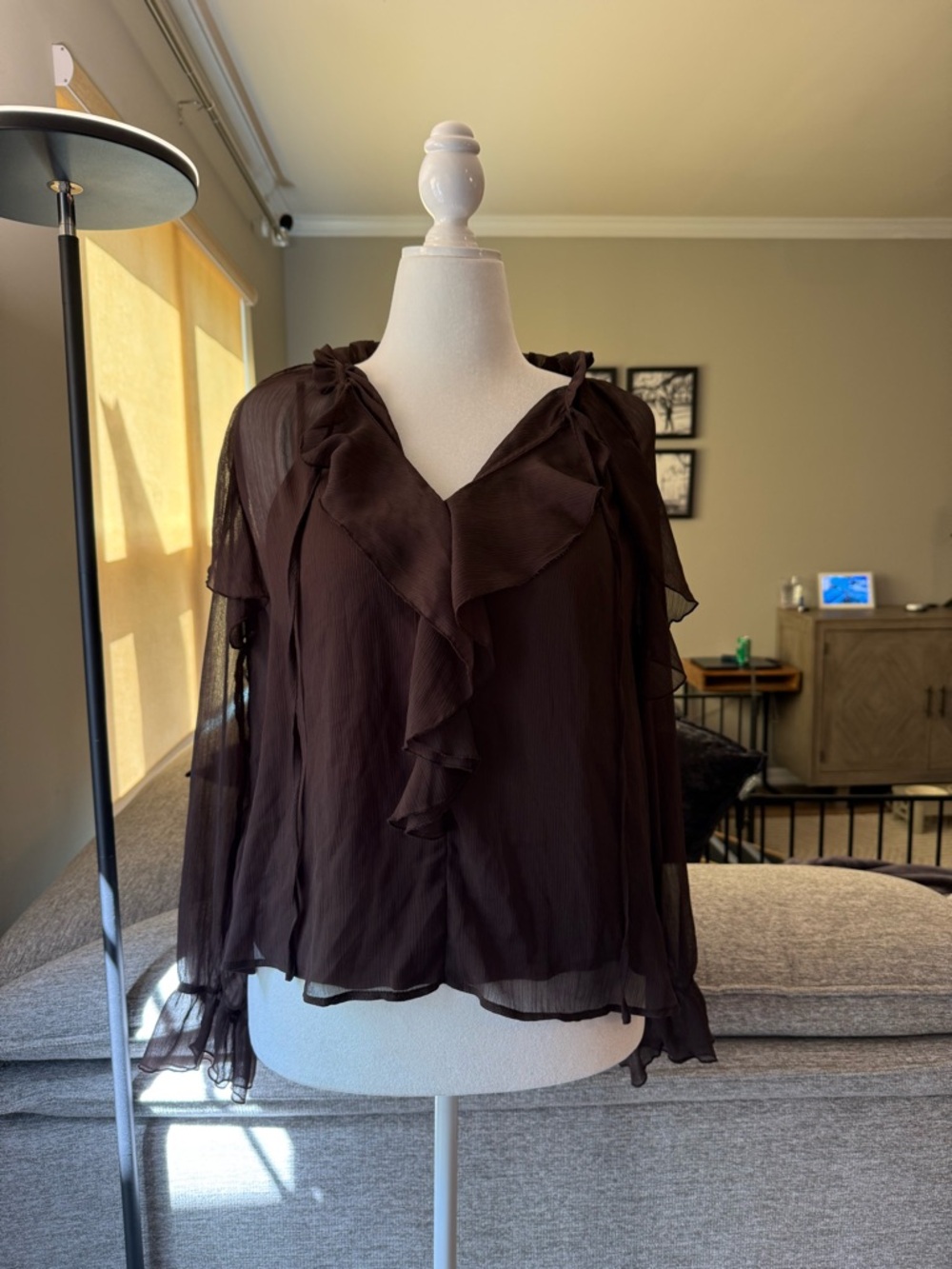 Brown Ruffled V-Neck Blouse